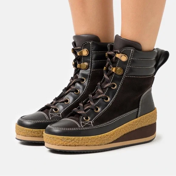 See By Chloé Women's Black and Brown Wedge Lace-Up Boots NWOT Size 37 - Picture 2 of 9